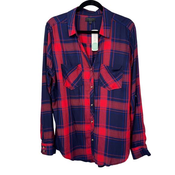Stitch Fix Tinsel Hattie Button Down Top Womens Large Red Blue Plaid Viscose NEW - Picture 1 of 11